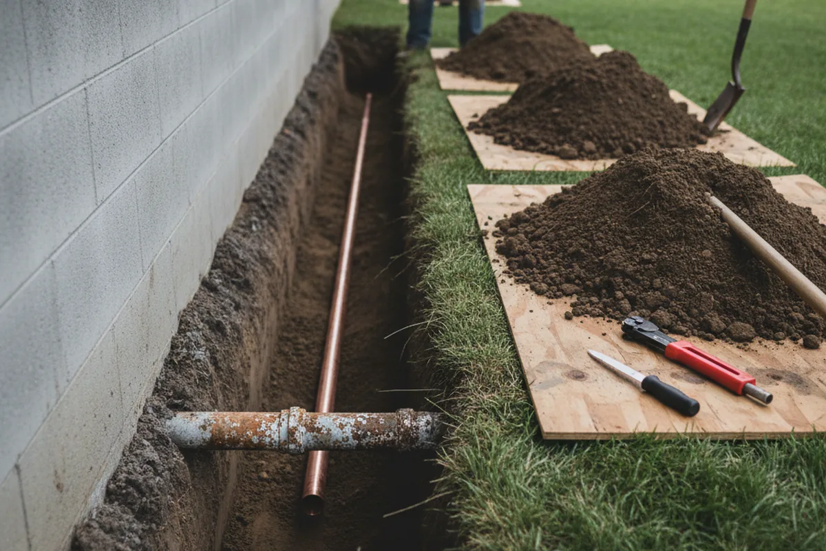 Excavated water line trench during Sewer Line Repair in Vida